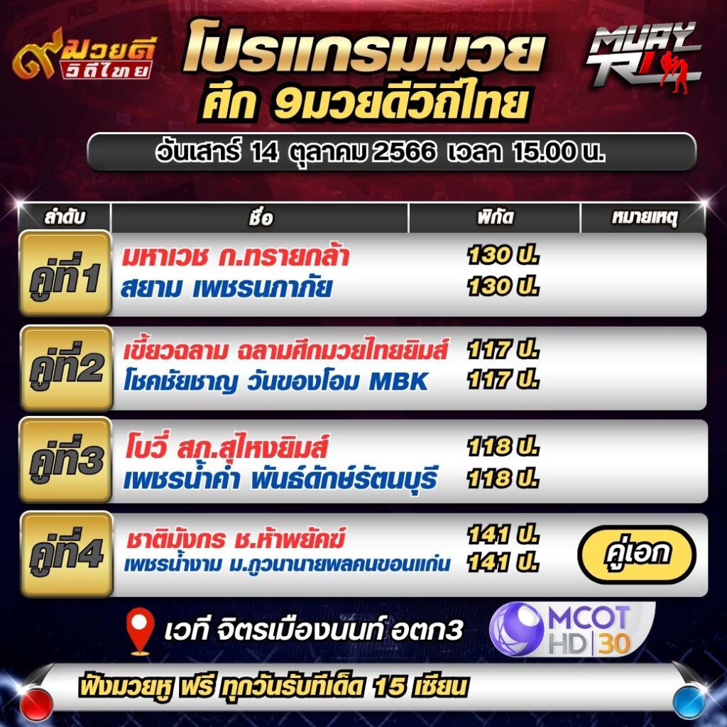 โปรแกรมมวย มวยไทย ศึก๙มวยดีวิถีไทย